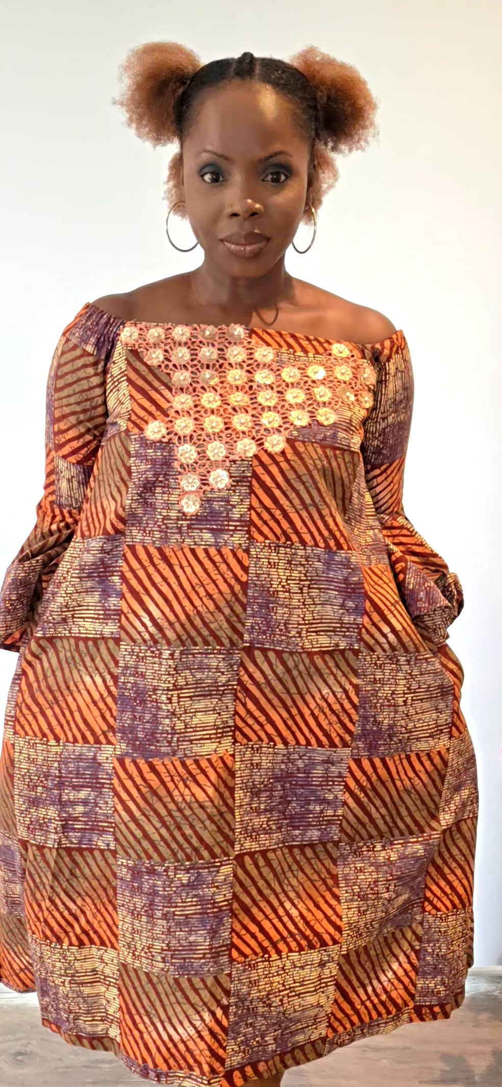 Adesuwa - Big Adire Knee Length Dress with Coral and Gold Embellished Lace Design