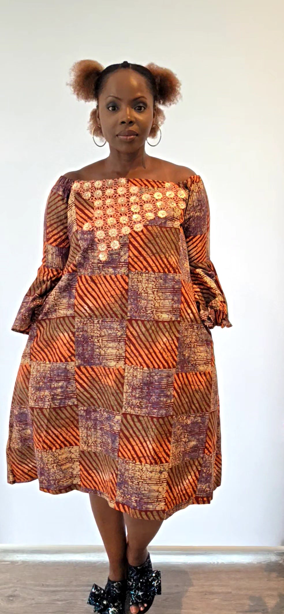 Adesuwa - Big Adire Knee Length Dress with Coral and Gold Embellished Lace Design