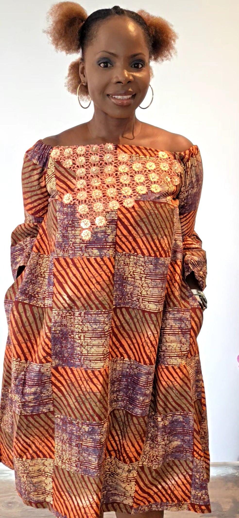 Adesuwa - Big Adire Knee Length Dress with Coral and Gold Embellished Lace Design