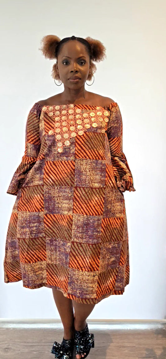 Adesuwa - Big Adire Knee Length Dress with Coral and Gold Embellished Lace Design