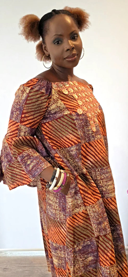 Adesuwa - Big Adire Knee Length Dress with Coral and Gold Embellished Lace Design