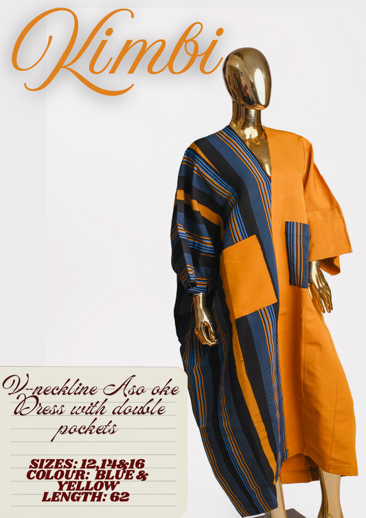Kimbi - V-neckline Aso oke Dress with double pockets